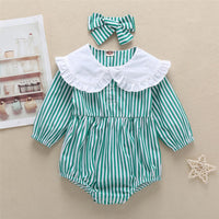 Baby Girls Striped Print Doll Collar Long Sleeve Rompers & headband - PrettyKid