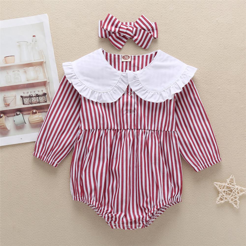 Baby Girls Striped Print Doll Collar Long Sleeve Rompers & headband - PrettyKid