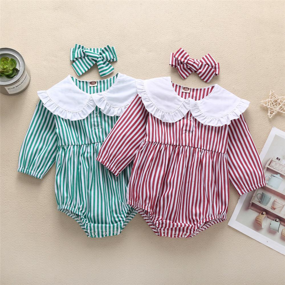 Baby Girls Striped Print Doll Collar Long Sleeve Rompers & headband - PrettyKid