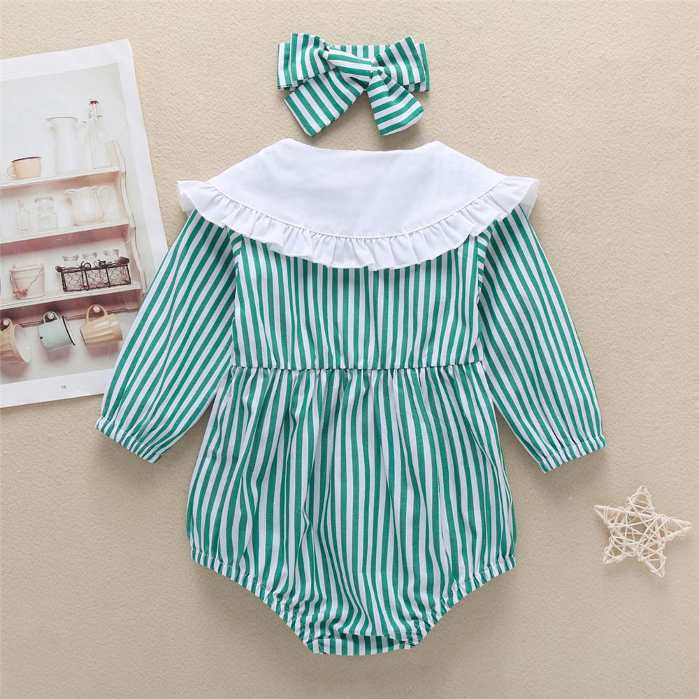 Baby Girls Striped Print Doll Collar Long Sleeve Rompers & headband - PrettyKid