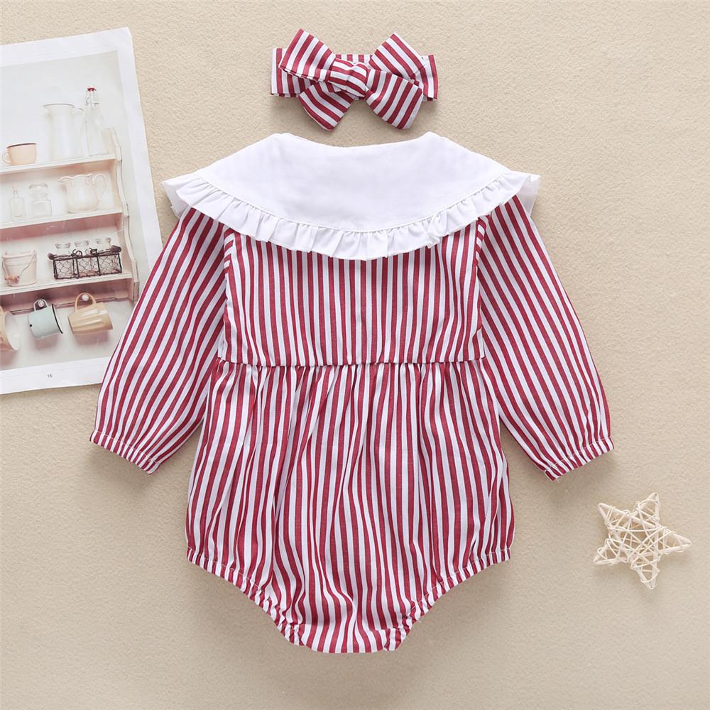 Baby Girls Striped Print Doll Collar Long Sleeve Rompers & headband - PrettyKid