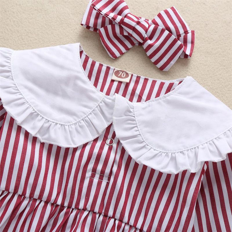 Baby Girls Striped Print Doll Collar Long Sleeve Rompers & headband - PrettyKid