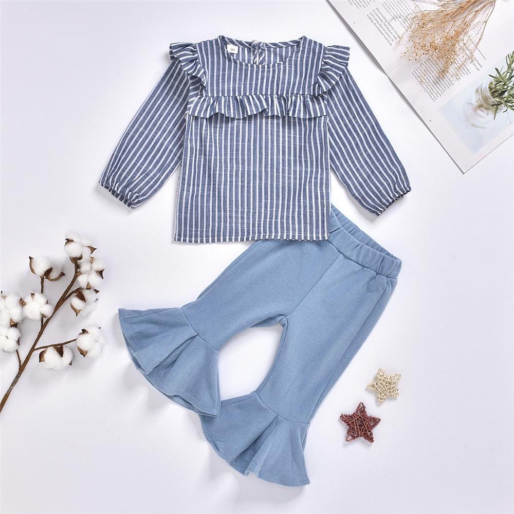Girls Striped Ruffle Long Sleeve Blouse Bell Pants Girls Wholesale Clothes - PrettyKid