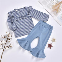 Girls Striped Ruffle Long Sleeve Blouse Bell Pants Girls Wholesale Clothes - PrettyKid