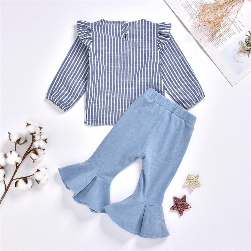 Girls Striped Ruffle Long Sleeve Blouse Bell Pants Girls Wholesale Clothes - PrettyKid