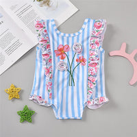 Girls Striped Ruffled Floral Printed Sleeveless Swimwear Wholesale Baby Cloths - PrettyKid