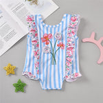 Girls Striped Ruffled Floral Printed Sleeveless Swimwear Wholesale Baby Cloths - PrettyKid