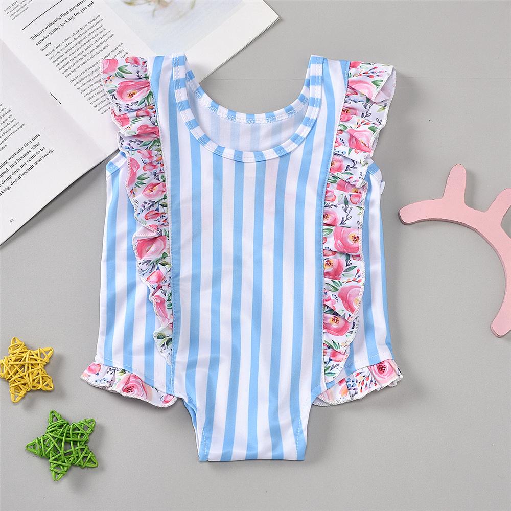 Girls Striped Ruffled Floral Printed Sleeveless Swimwear Wholesale Baby Cloths - PrettyKid