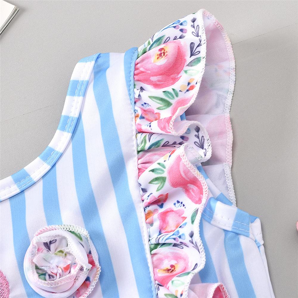 Girls Striped Ruffled Floral Printed Sleeveless Swimwear Wholesale Baby Cloths - PrettyKid