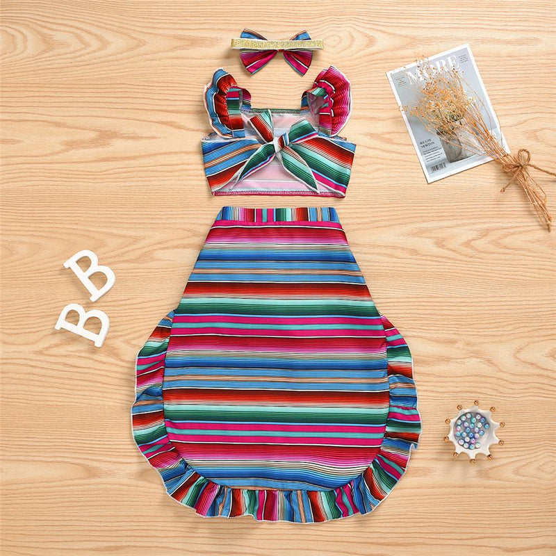 Girls Striped Ruffled Short Sleeve Top & Skirt &Headband Wholesale Girl Clothing - PrettyKid