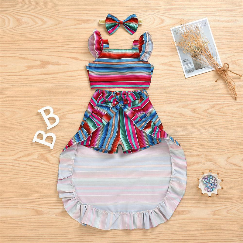 Girls Striped Ruffled Short Sleeve Top & Skirt &Headband Wholesale Girl Clothing - PrettyKid