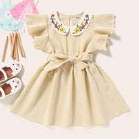 Girls Striped Short Sleeve Belt Embroidery Collar Dress Baby Girl Clothes Wholesale - PrettyKid