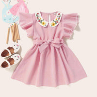 Girls Striped Short Sleeve Belt Embroidery Collar Dress Baby Girl Clothes Wholesale - PrettyKid