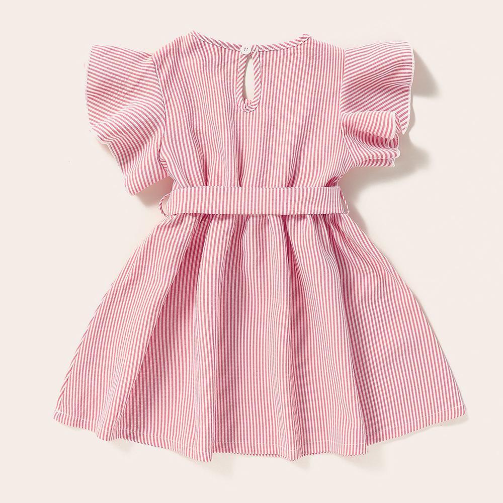 Girls Striped Short Sleeve Belt Embroidery Collar Dress Baby Girl Clothes Wholesale - PrettyKid