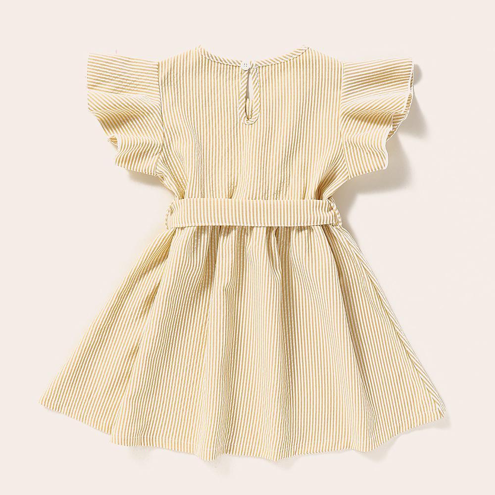 Girls Striped Short Sleeve Belt Embroidery Collar Dress Baby Girl Clothes Wholesale - PrettyKid