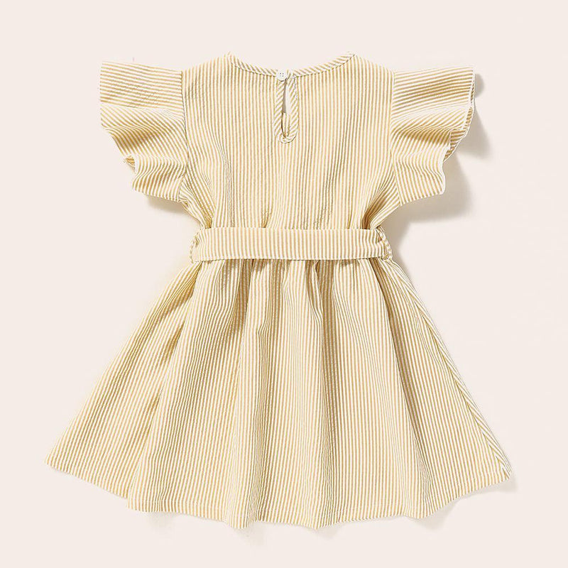 Girls Striped Short Sleeve Belt Embroidery Collar Dress Baby Girl Clothes Wholesale - PrettyKid