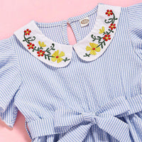 Girls Striped Short Sleeve Belt Embroidery Collar Dress Baby Girl Clothes Wholesale - PrettyKid