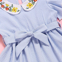 Girls Striped Short Sleeve Belt Embroidery Collar Dress Baby Girl Clothes Wholesale - PrettyKid