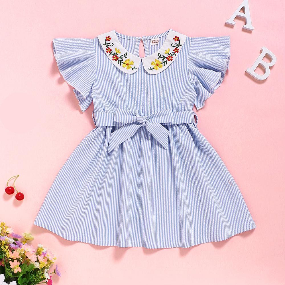 Girls Striped Short Sleeve Belt Embroidery Collar Dress Baby Girl Clothes Wholesale - PrettyKid