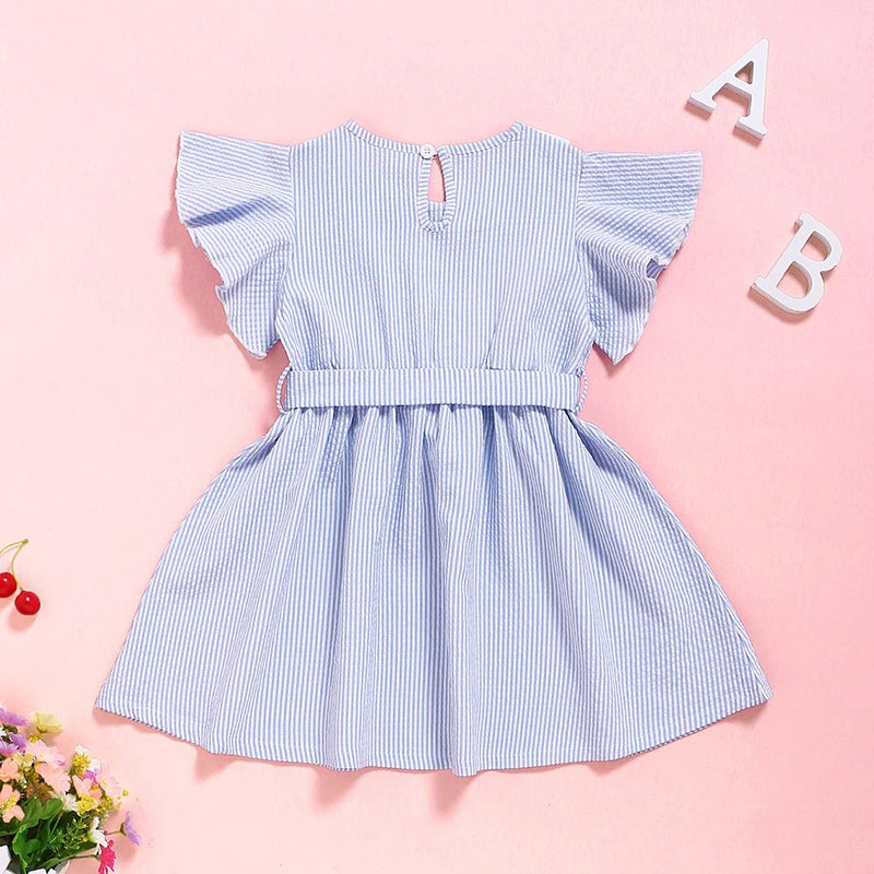 Girls Striped Short Sleeve Belt Embroidery Collar Dress Baby Girl Clothes Wholesale - PrettyKid