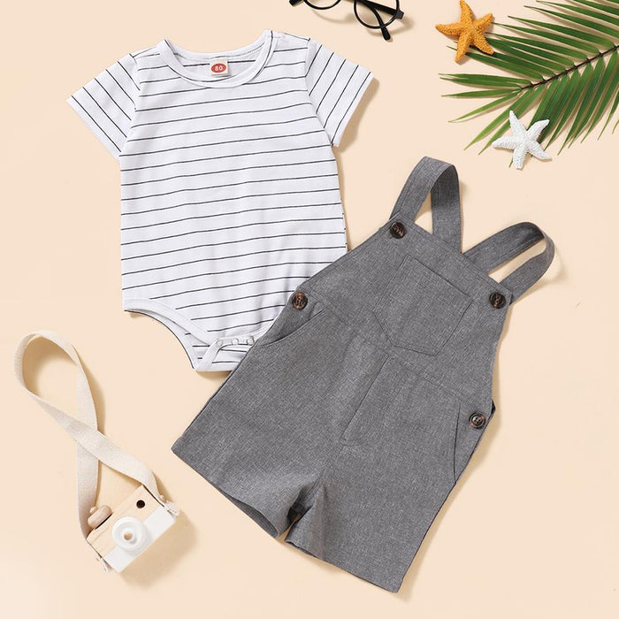 Baby Unisex Striped Short Sleeve Romper & Solid Overalls Wholesale Baby Boutique Items - PrettyKid