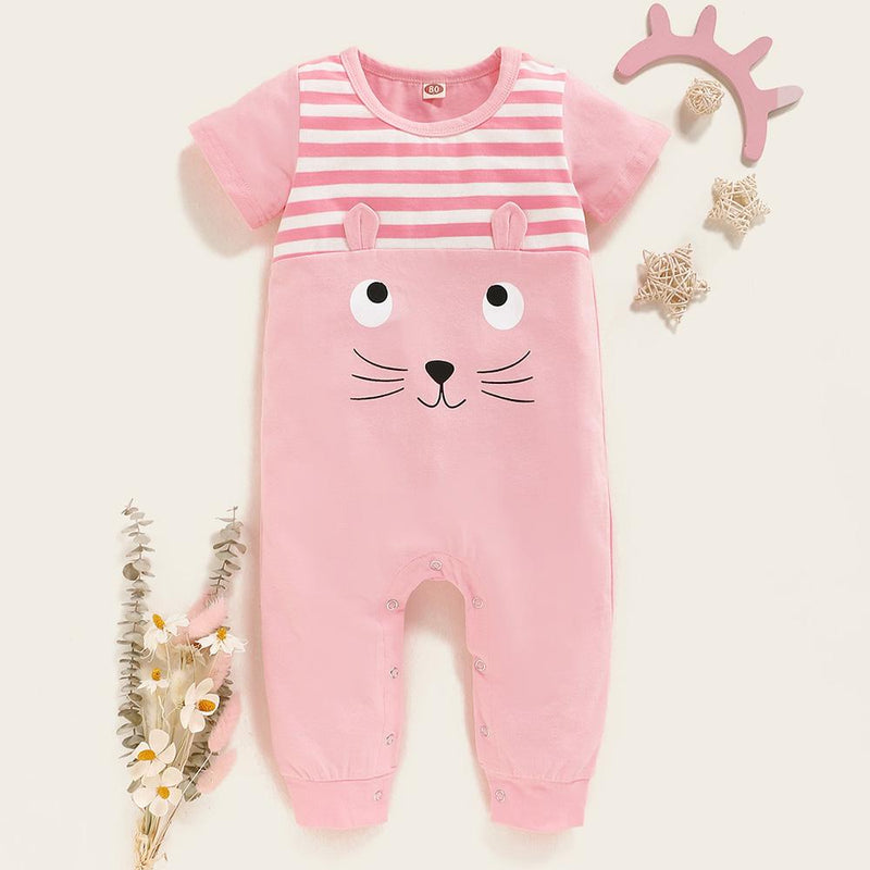 Baby Girls Striped Splicing Kitty Short Sleeve Romper Wholesale clothes Baby - PrettyKid