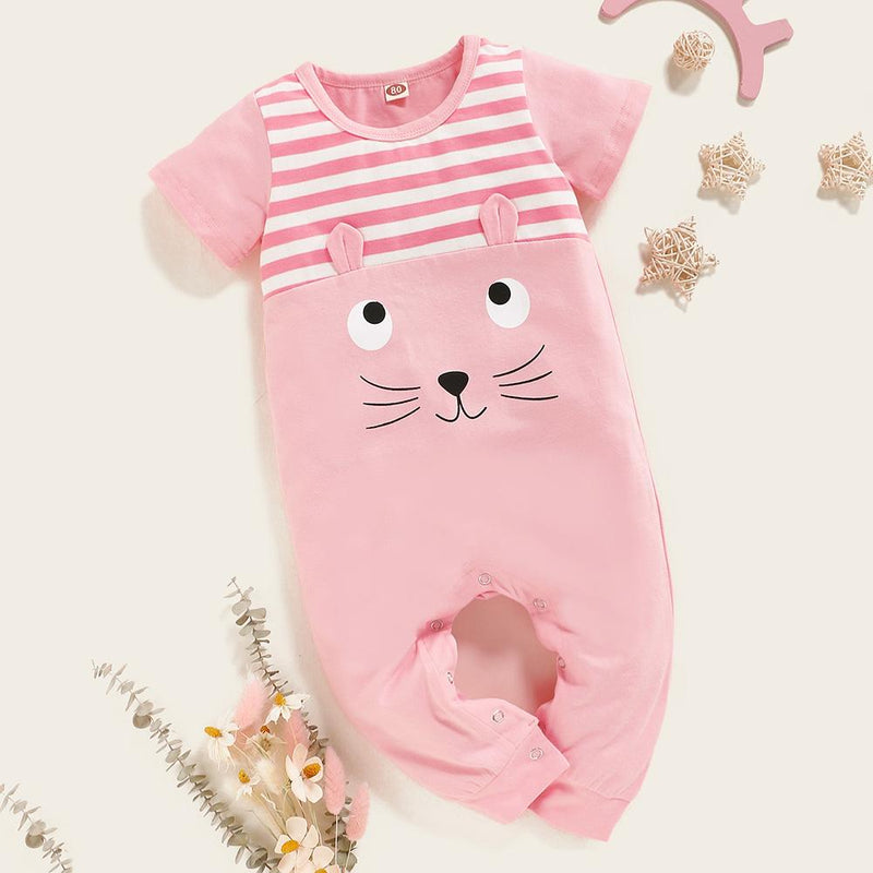 Baby Girls Striped Splicing Kitty Short Sleeve Romper Wholesale clothes Baby - PrettyKid