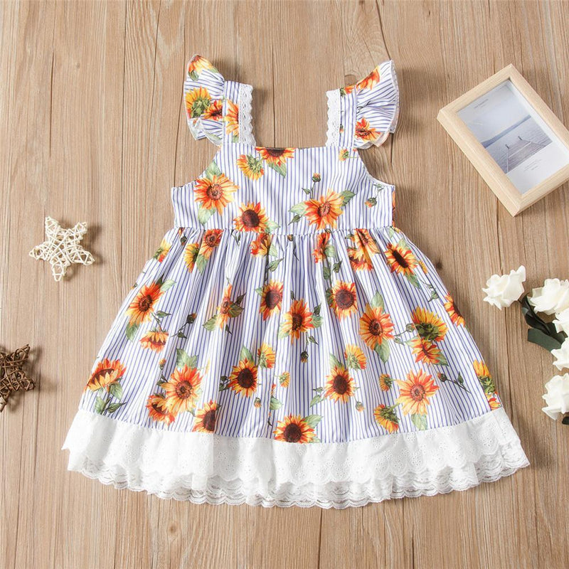 Girls Striped Sunflower Sleeveless Lace Splicing Dress Wholesale Girls Clothing - PrettyKid