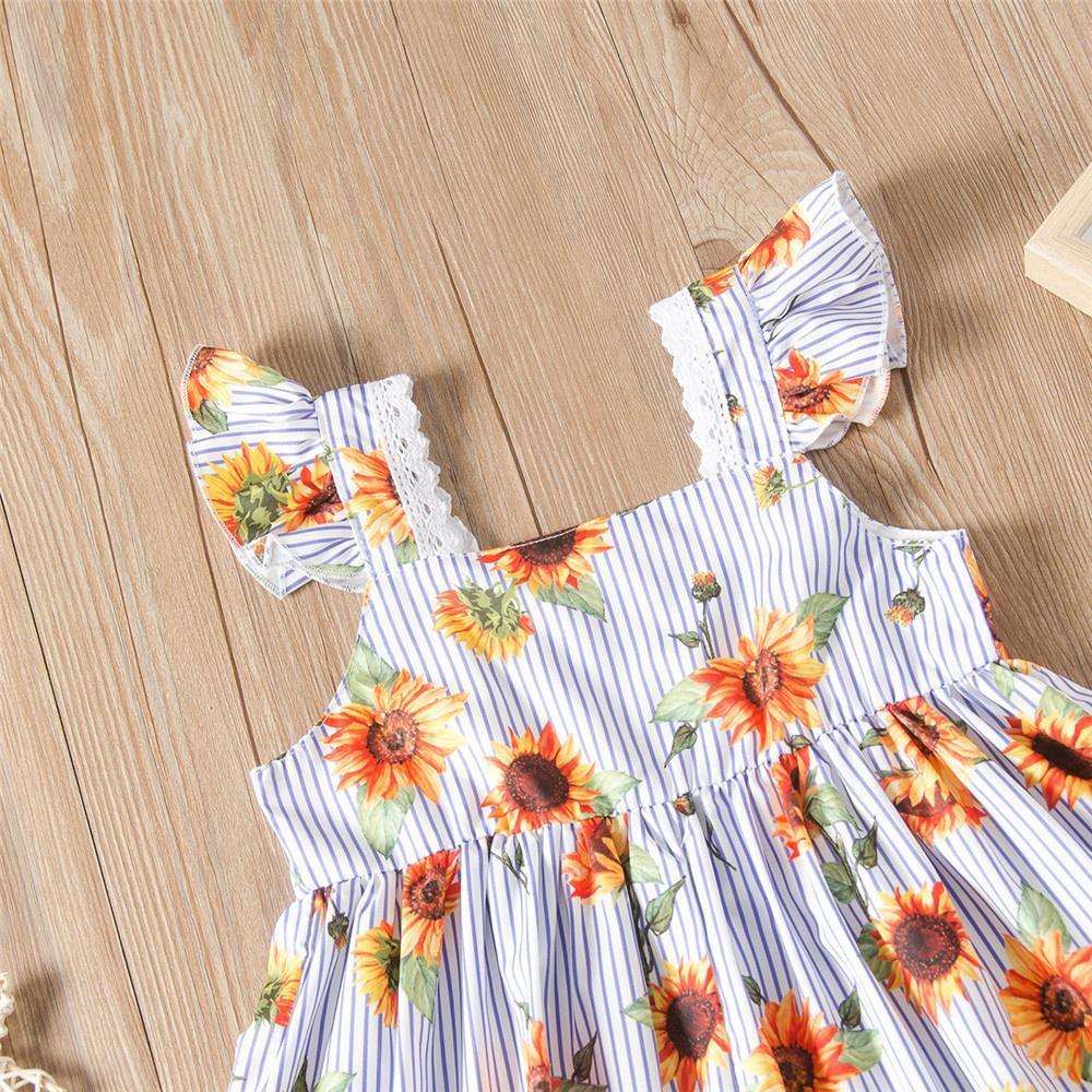 Girls Striped Sunflower Sleeveless Lace Splicing Dress Wholesale Girls Clothing - PrettyKid