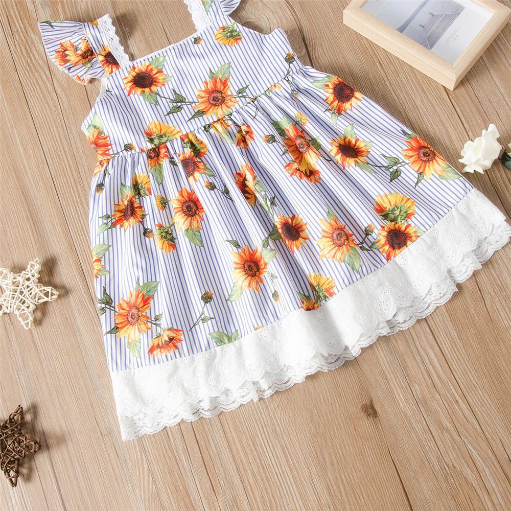 Girls Striped Sunflower Sleeveless Lace Splicing Dress Wholesale Girls Clothing - PrettyKid