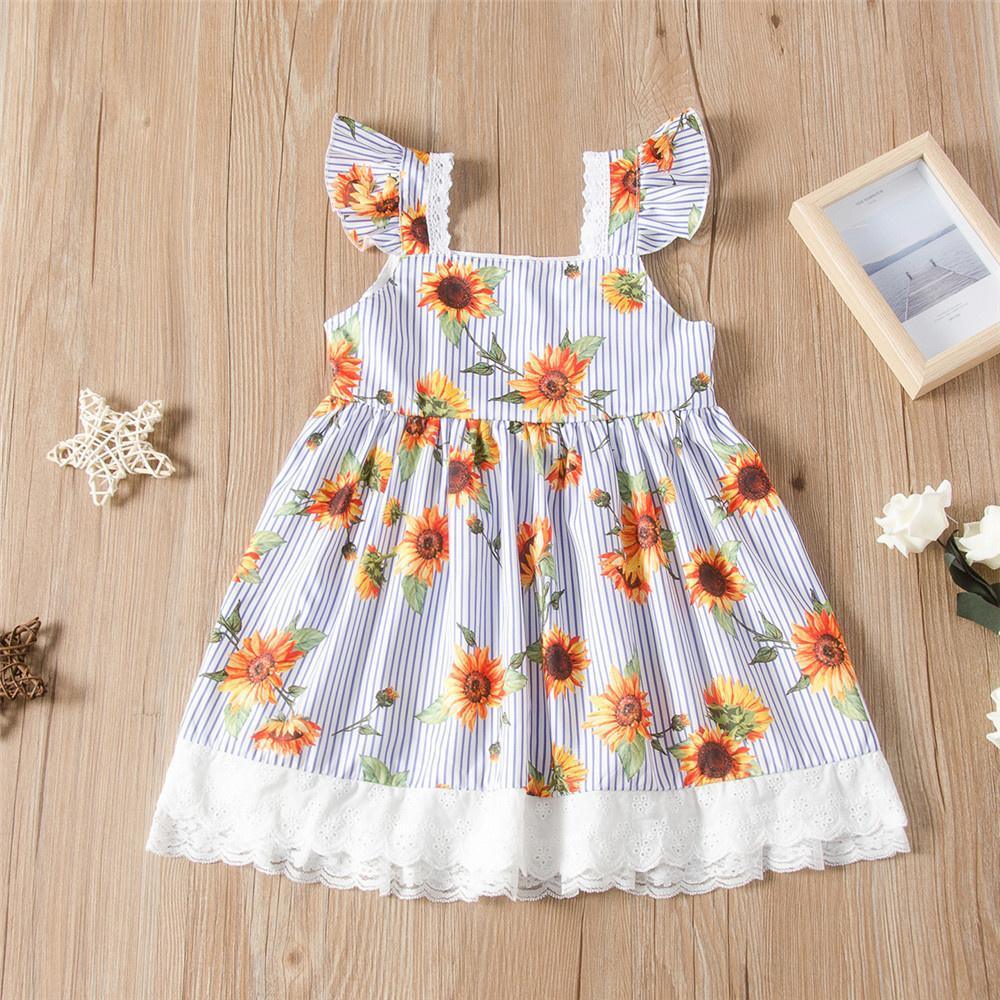 Girls Striped Sunflower Sleeveless Lace Splicing Dress Wholesale Girls Clothing - PrettyKid