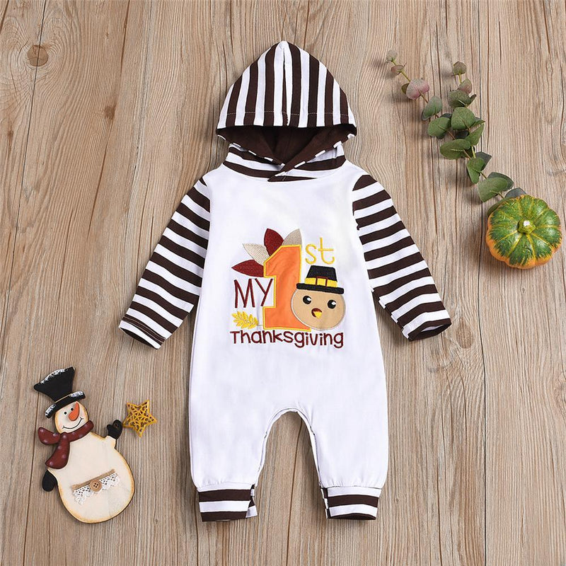 Baby Striped Thanksgiving Turkey Long Sleeve Romper Baby Clothes Wholesale Bulk - PrettyKid