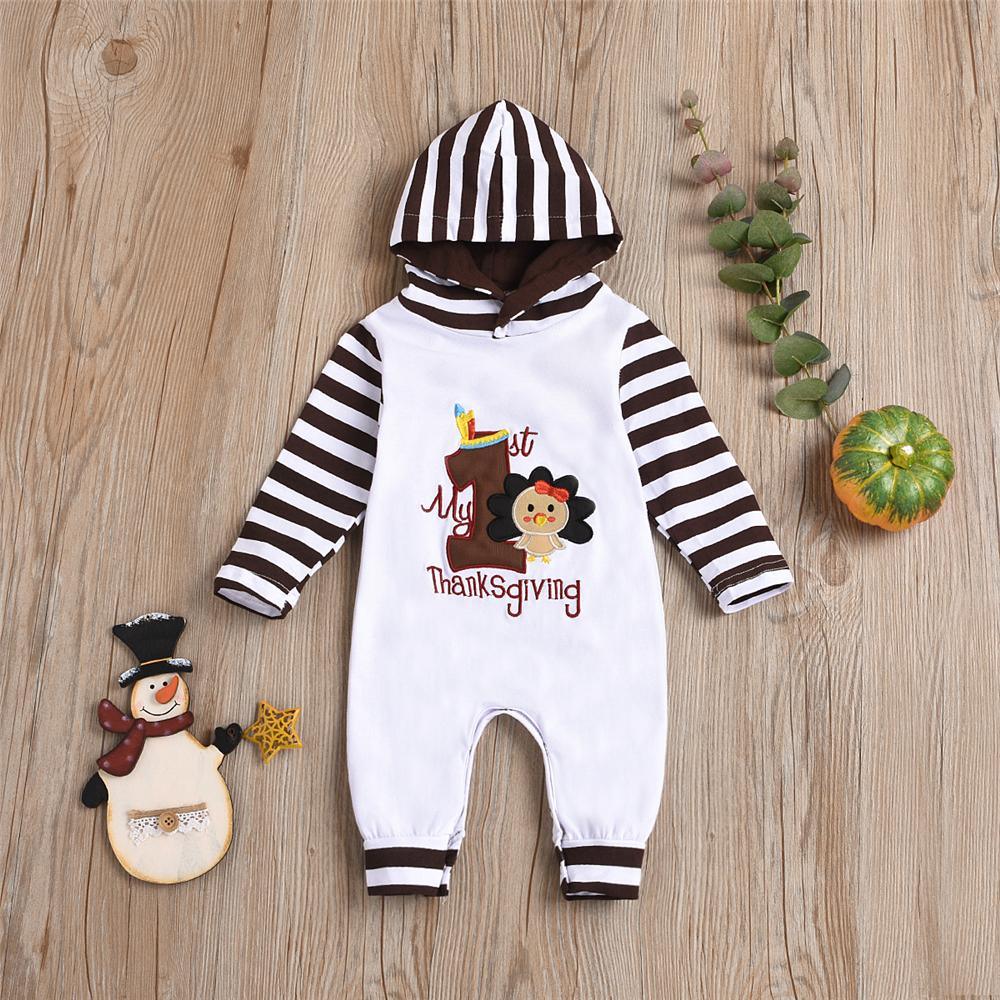 Baby Striped Thanksgiving Turkey Long Sleeve Romper Baby Clothes Wholesale Bulk - PrettyKid