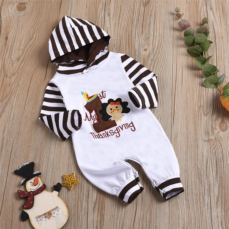 Baby Striped Thanksgiving Turkey Long Sleeve Romper Baby Clothes Wholesale Bulk - PrettyKid