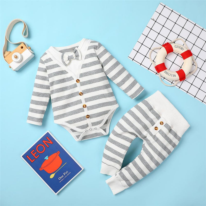 Baby Boys Striped Tie Long-Sleeve Romper & Bottoms Baby Clothes Warehouse - PrettyKid