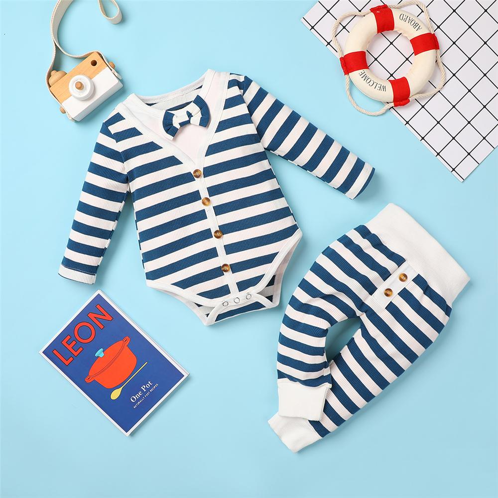 Baby Boys Striped Tie Long-Sleeve Romper & Bottoms Baby Clothes Warehouse - PrettyKid