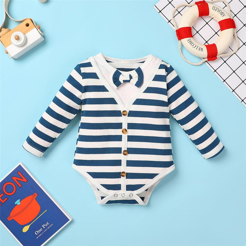 Baby Boys Striped Tie Long-Sleeve Romper & Bottoms Baby Clothes Warehouse - PrettyKid