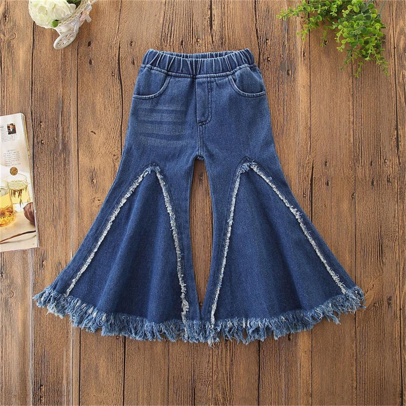 Girls Stylish Flared Pocket Solid Denim Pants Wholesale - PrettyKid