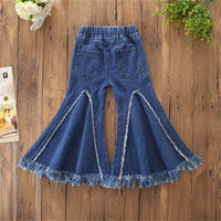 Girls Stylish Flared Pocket Solid Denim Pants Wholesale - PrettyKid