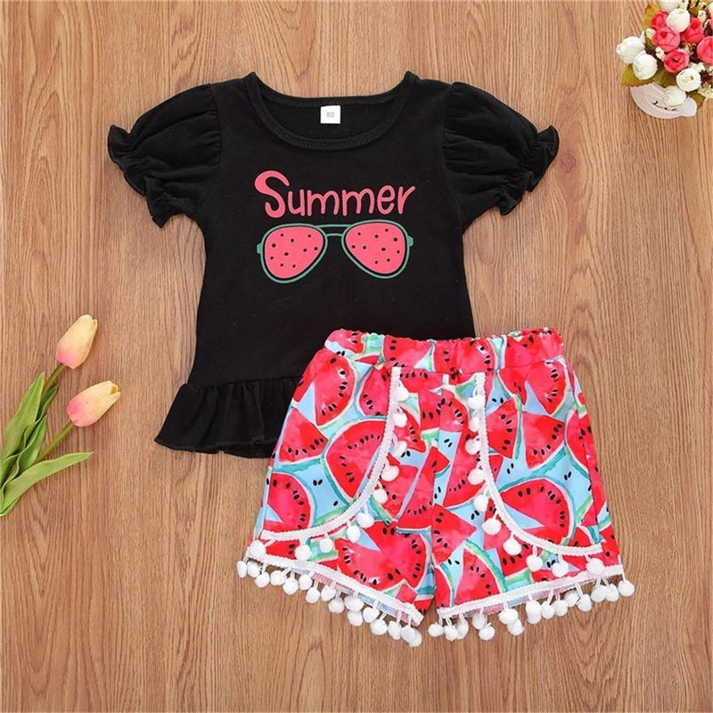 Girls Summer Glasses Printed Short Sleeve Top & Shorts Girl Boutique clothes Wholesale - PrettyKid