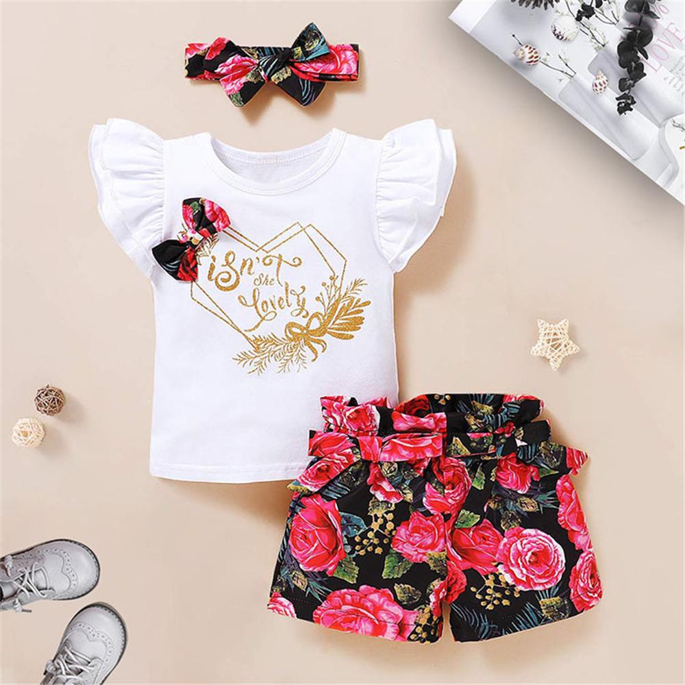 Baby Girls Summer Letter Floral Printed Top & Shorts & Headband Baby clothes Cheap Wholesale - PrettyKid