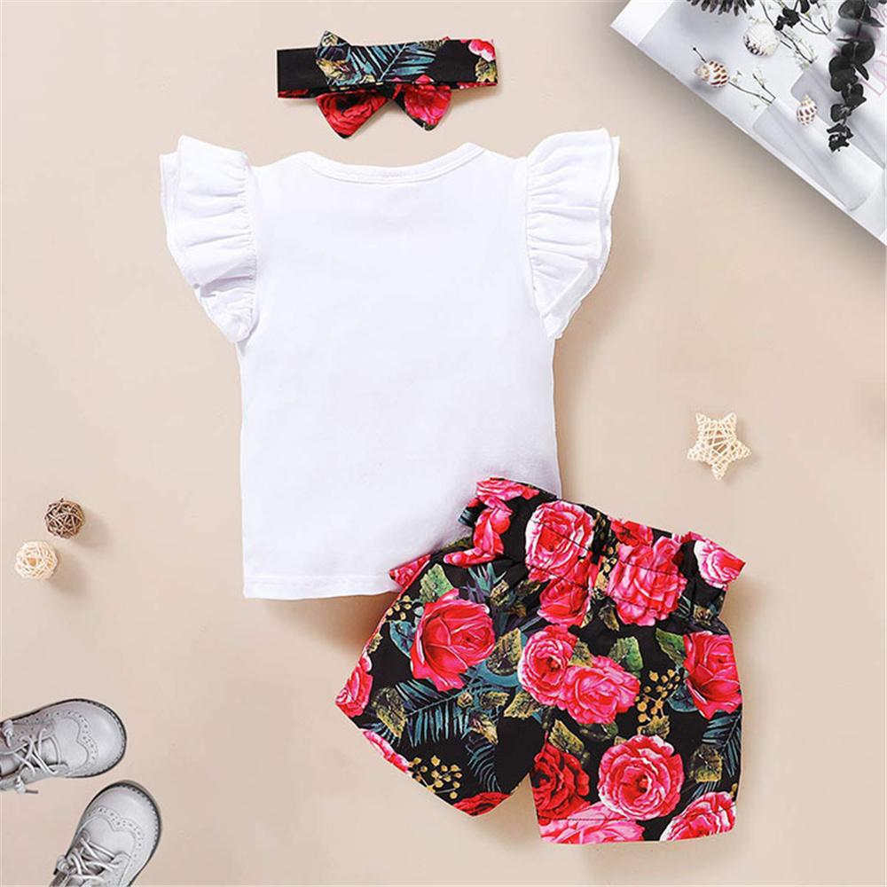 Baby Girls Summer Letter Floral Printed Top & Shorts & Headband Baby clothes Cheap Wholesale - PrettyKid