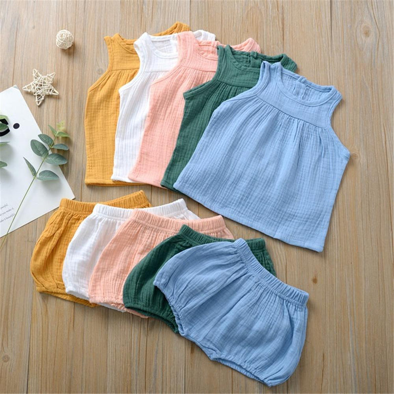 Baby Girls Summer Solid Color Sleeveless Top & Shorts Baby Boutique Wholesale - PrettyKid
