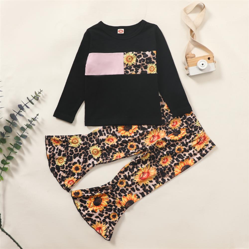 Girls Sunflower Leopard Printed Long Sleeve Top & Bell Trousers Kids Wholesale Clothing - PrettyKid