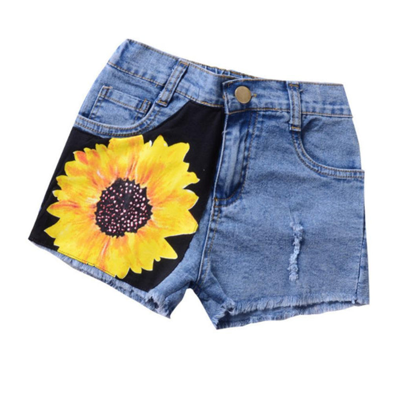 Girls Sunflower Letter Printed Sleeveless Top & Denim Ripped Shorts Toddler Girl Wholesale Clothing - PrettyKid