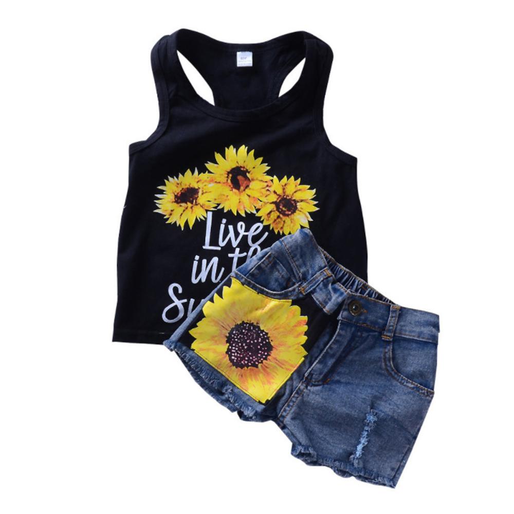 Girls Sunflower Letter Printed Sleeveless Top & Denim Ripped Shorts Toddler Girl Wholesale Clothing - PrettyKid