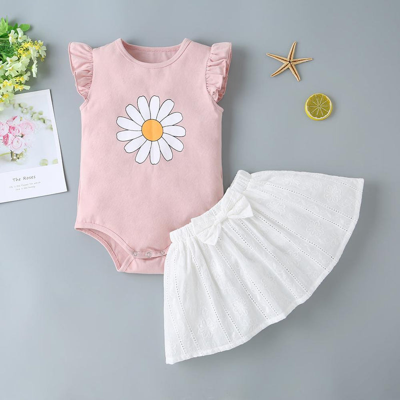 Baby Girls Sunflower Print Ruffle Bodysuit & Bow Dector Skirt - PrettyKid
