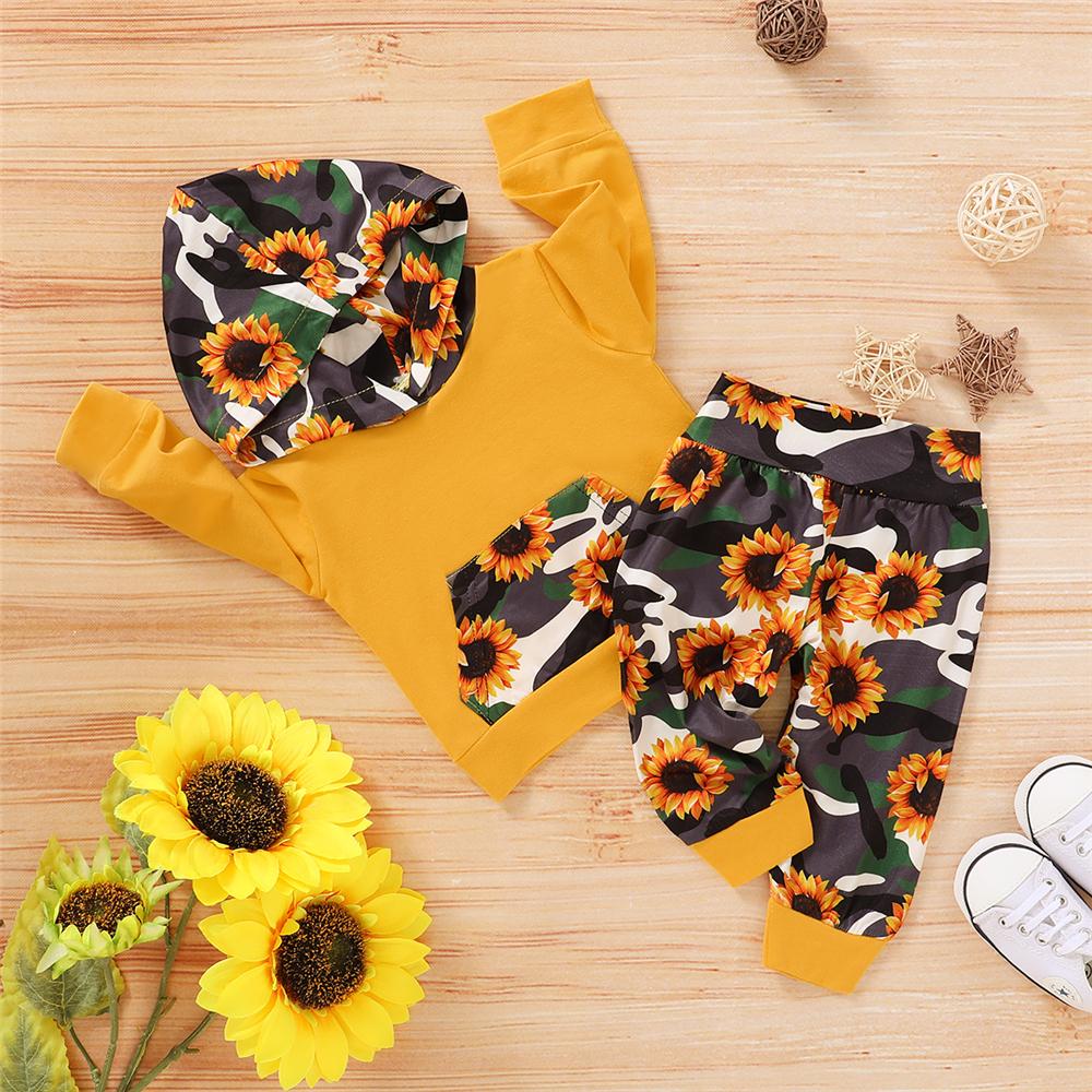 Baby Girls Sunflower Printed Hooded Top & Pants Babywear Wholesale - PrettyKid