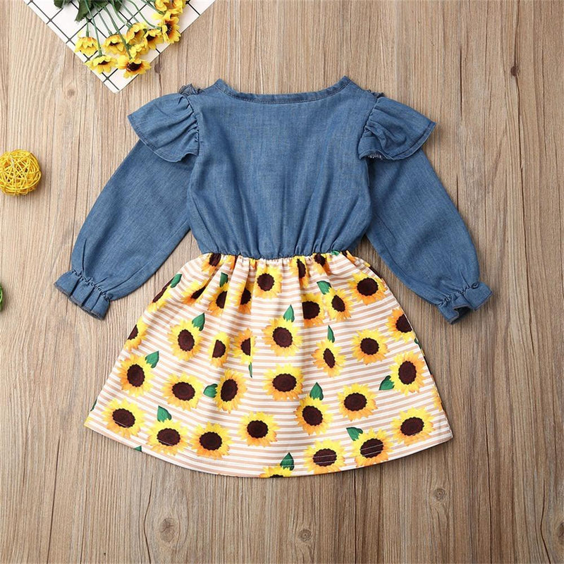 Girls Sunflower Printed Long Sleeve Ruffle Dress - PrettyKid