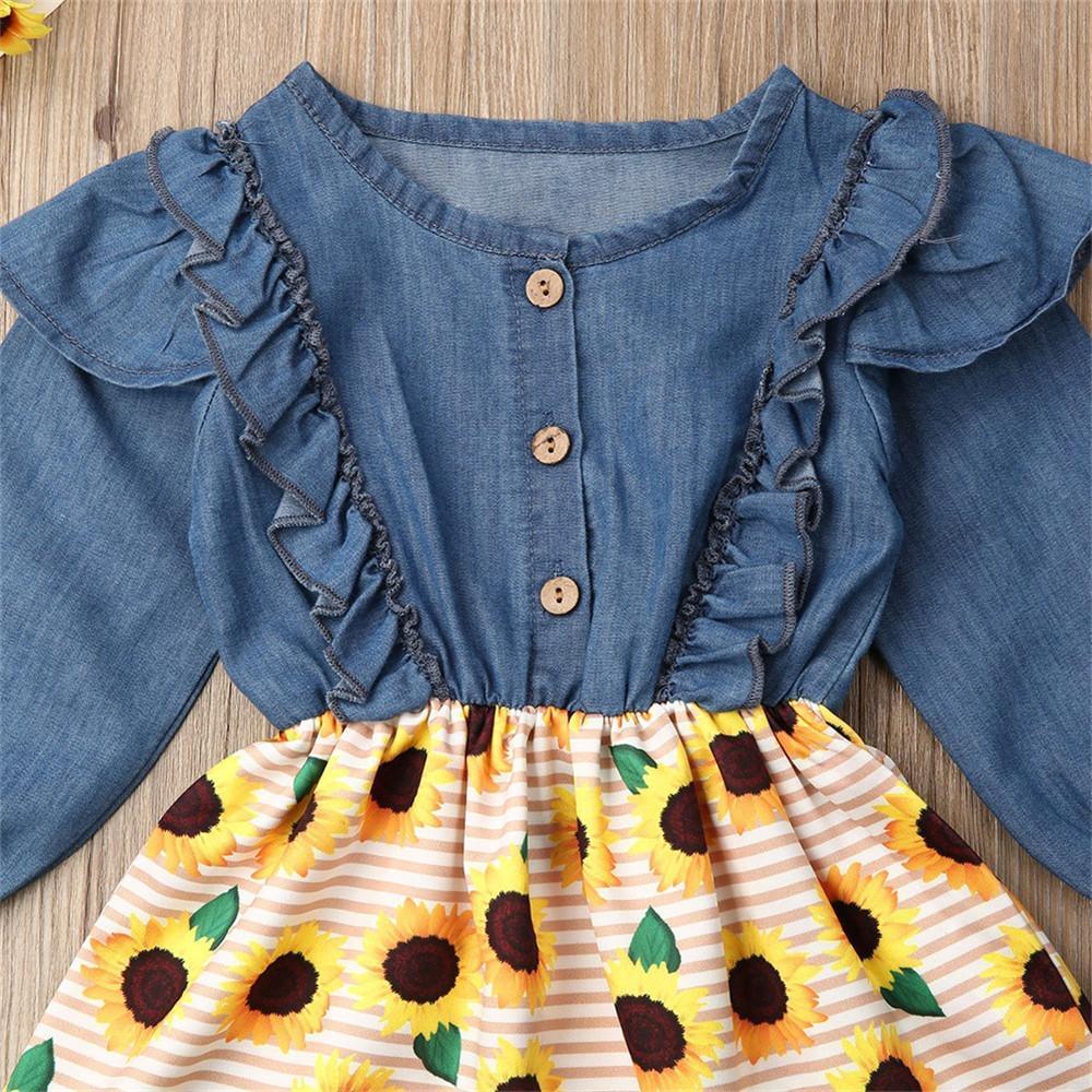 Girls Sunflower Printed Long Sleeve Ruffle Dress - PrettyKid